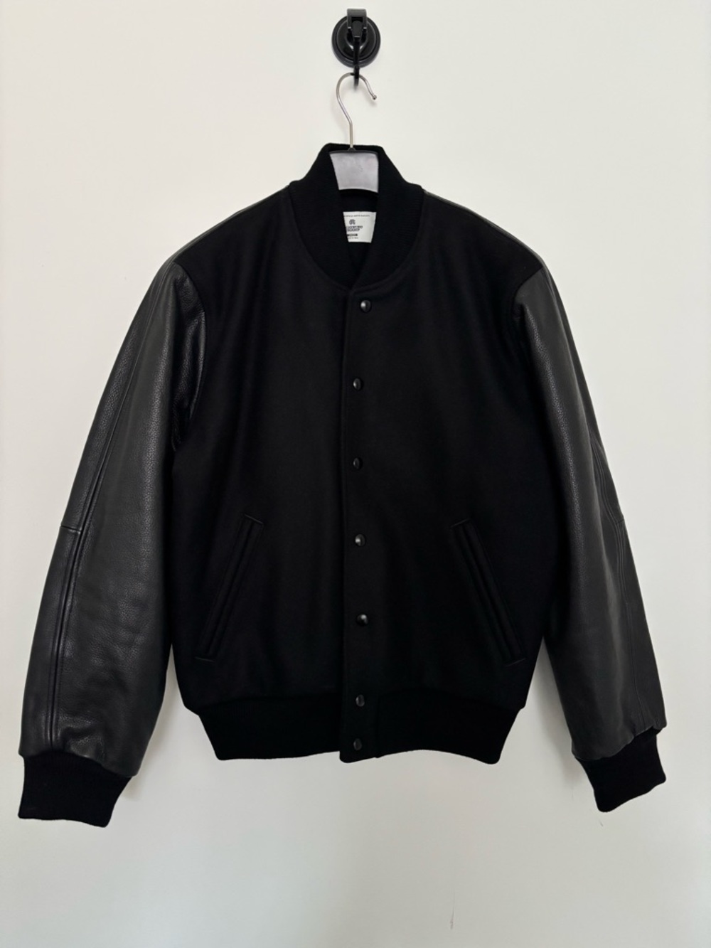 Reigning Champ Black Wool Bomber with Leather Sleeves